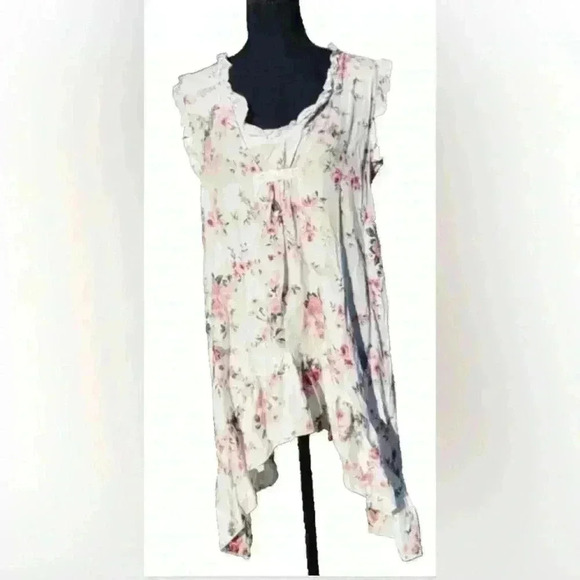 Farm House Frocks Top M Handkerchief Hem Boho Floral Sheer Oversized - Picture 3 of 16